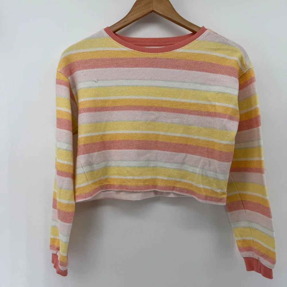 Haute Hippie Style Terry Cloth Lounge Set Striped Crop Top and Shorts Pink XS